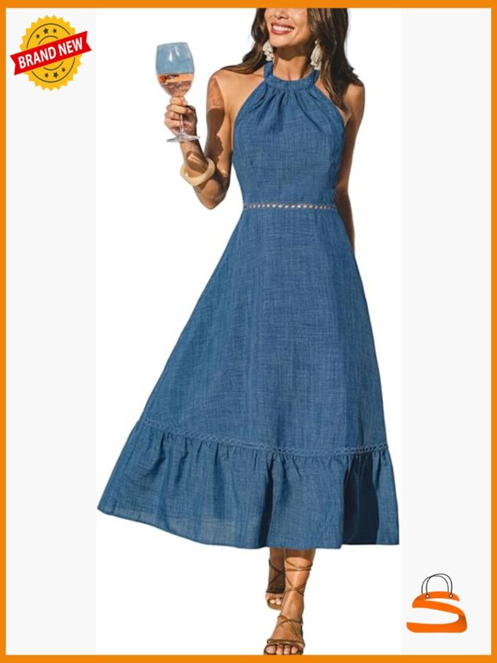 Sleeveless Halter Midi Dress Cutout Waist Smocked Back A-Line Tiered Flowy